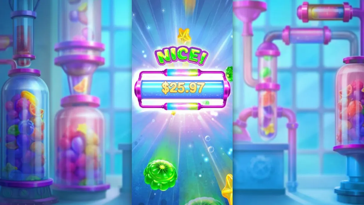 Tampilan antarmuka slot Sweet Burst dengan tema laboratorium permen futuristik