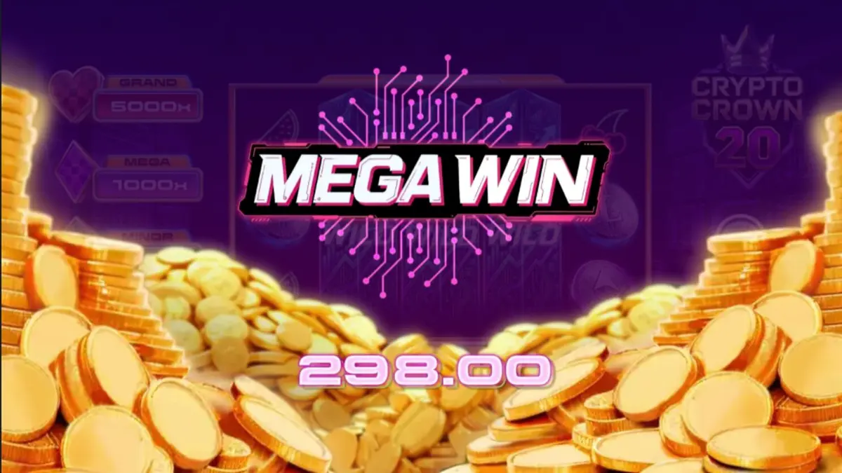 Tampilan visual slot Crypto Crown 20 dengan tema neon futuristik dan simbol kripto.